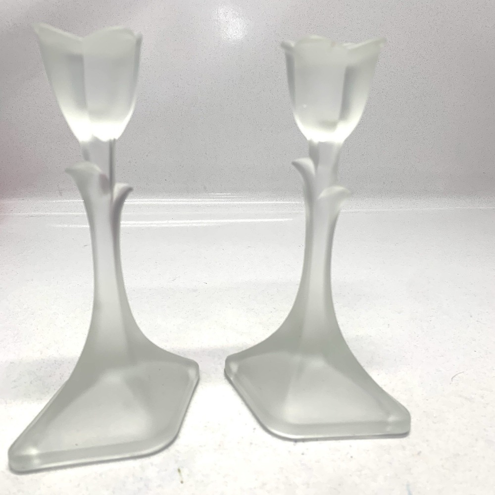 Vintage Tulip Frosted Candlesticks Pair Set 8" Dinner‎ Entertain Romantic